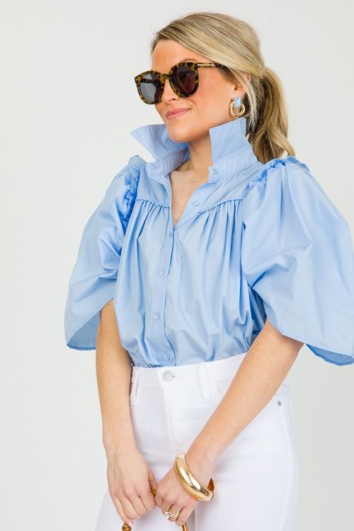 Preppy Button Up Top, Chambray Blue - New Arrivals - The Blue Door Boutique Chic Blue Top With Cuffed Sleeves, Chic Blue Tops With Pleated Sleeves, Spring Relaxed Fit Puff Sleeve Top With Pleated Sleeves, Trendy Relaxed Fit Puff Sleeve Top For Spring, Spring Tops With Pleated Sleeves For Day Out, Casual Puff Sleeve Top With Pleated Sleeves, Trendy Puff Sleeve Top With Relaxed Fit For Spring, Spring Pleated Sleeve Top For Day Out, Trendy Spring Puff Sleeve Top With Ruffles