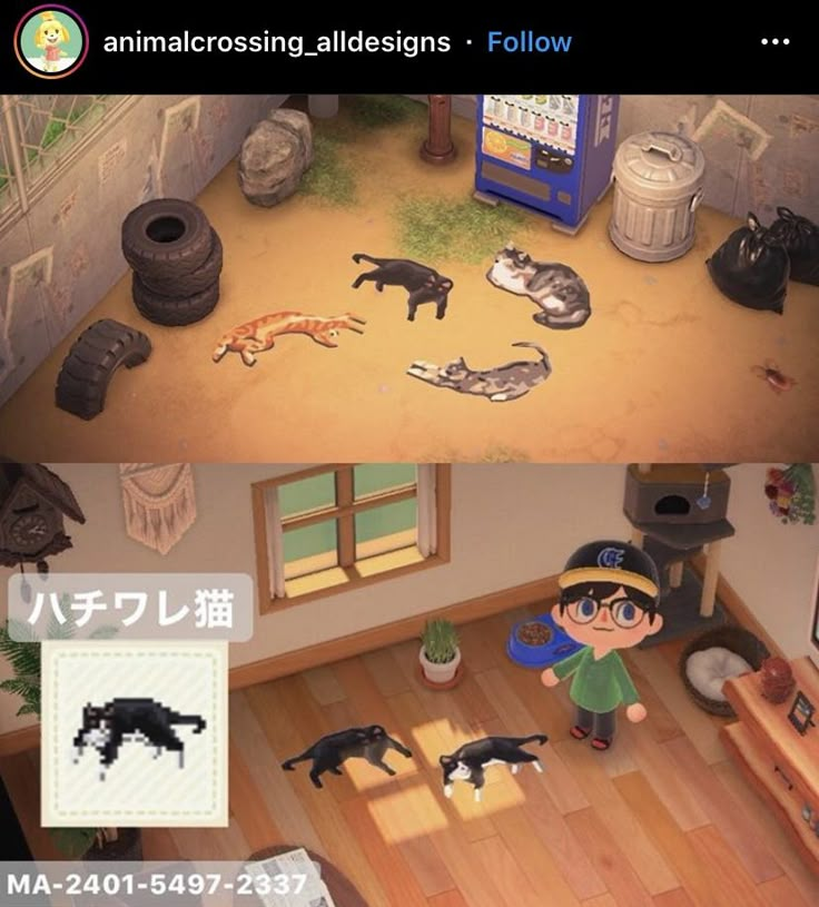 an animal crossing game with cats and dogs in the house, and on the floor