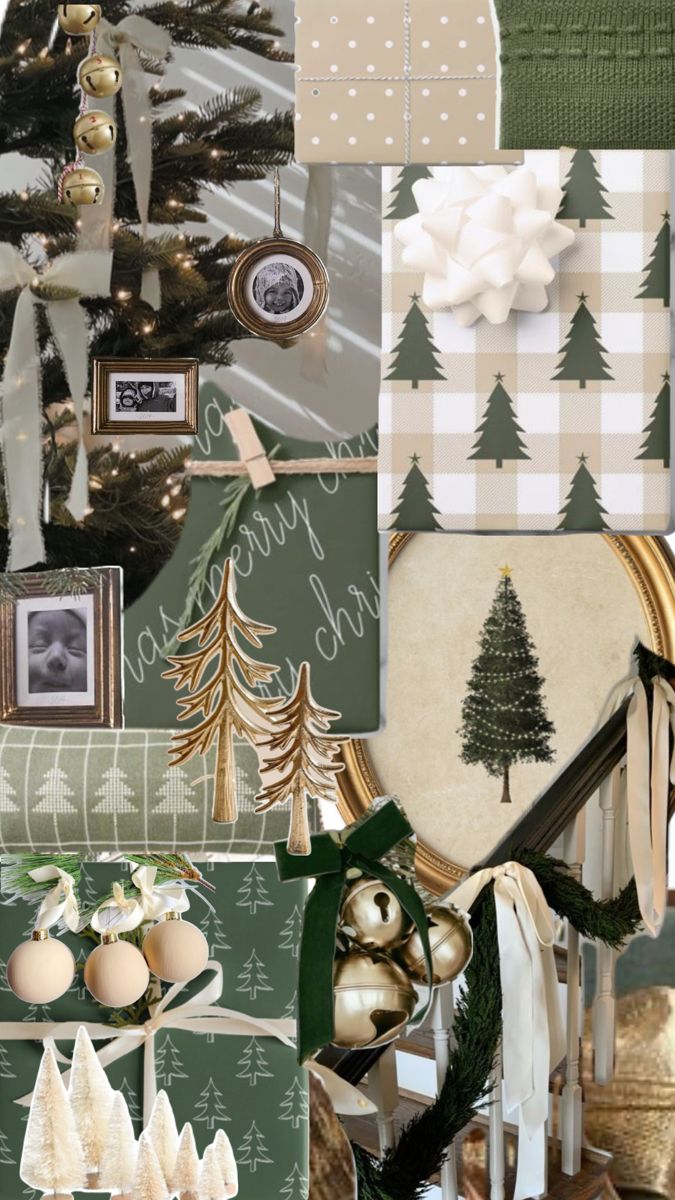 christmas collage with green, white and gold decorations