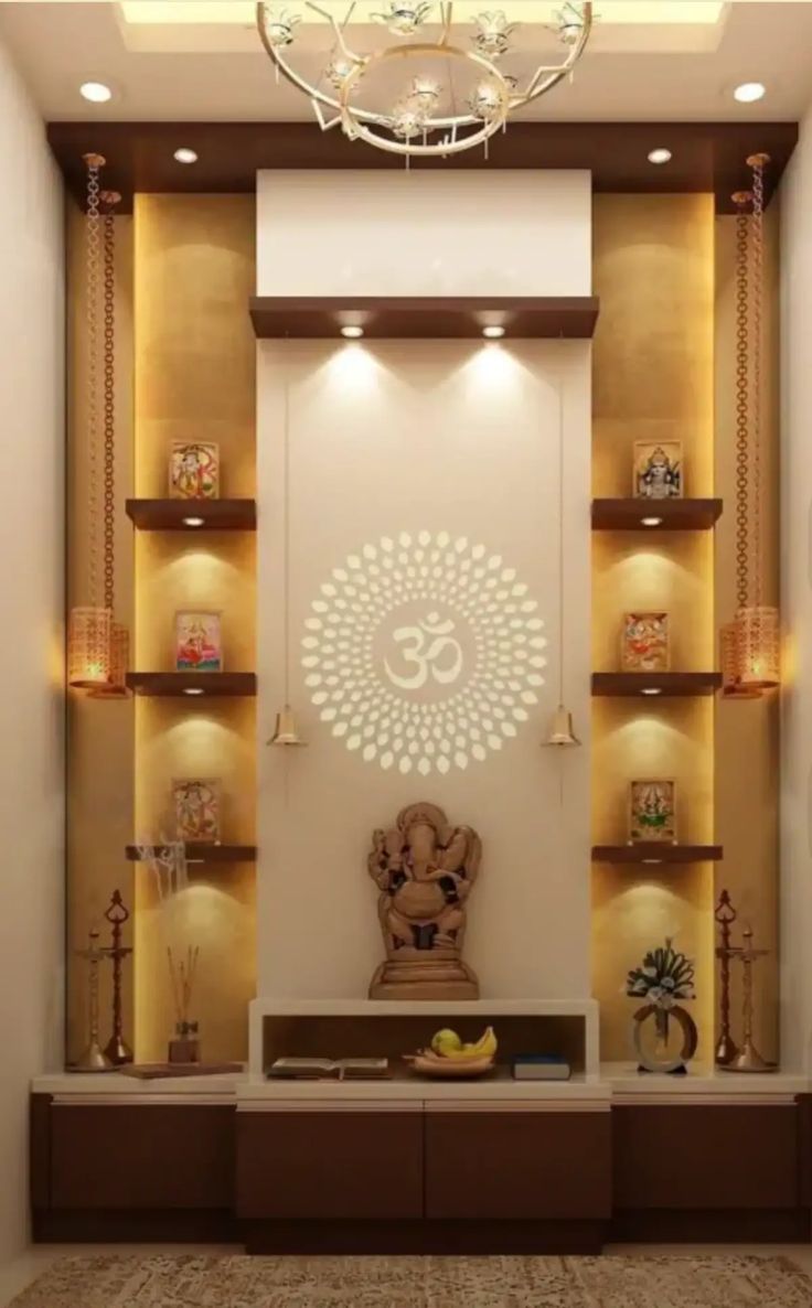 a living room filled with lots of furniture and decor on top of wooden shelves next to a chandelier