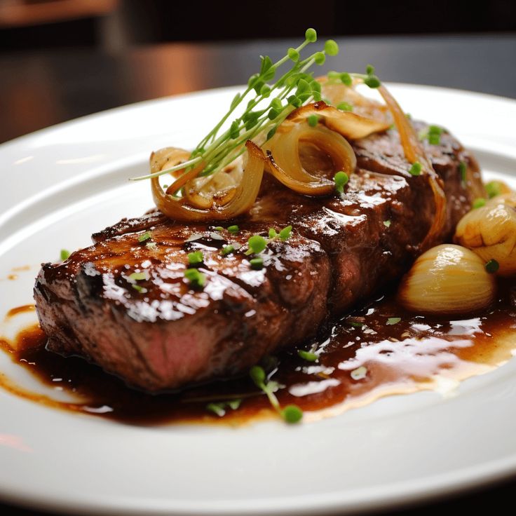 a piece of steak with onions and gravy on a white plate