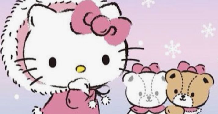 hello kitty and her teddy bear are standing in front of snowflakes, one is wearing a pink dress