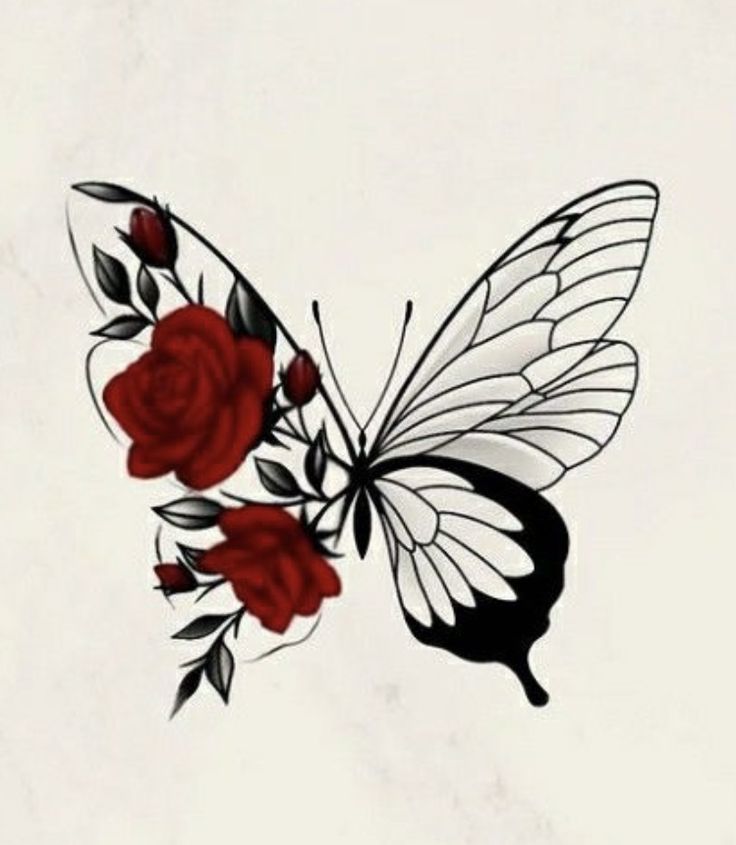 a white butterfly with red roses on it's wings