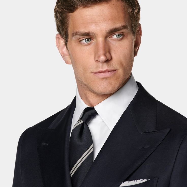 A well-rounded pick for just about any occasion, this handsome navy Havana is tailored to a slim fit from pure S110's wool by Italy's Vitale Barberis Canonico. Navy Tuxedo With Notch Lapel For Business Casual, Navy Notch Lapel Tuxedo For Business Casual, Navy Wool Suits For Formal Occasions, Navy Wool Business Suits, Navy Double Breasted Suit For Semi-formal Events, Navy Luxury Sport Coat For Business, Luxury Navy Formal Sport Coat, Classic Navy Tuxedo For Business, Navy Tuxedo With Suit Collar For Business