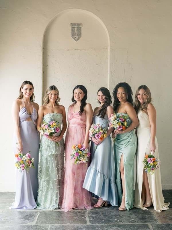 a group of women standing next to each other wearing dresses and holding bouquets in their hands