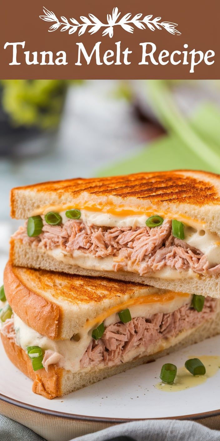 a sandwich cut in half on a plate with the title overlay reads tuna melt recipe