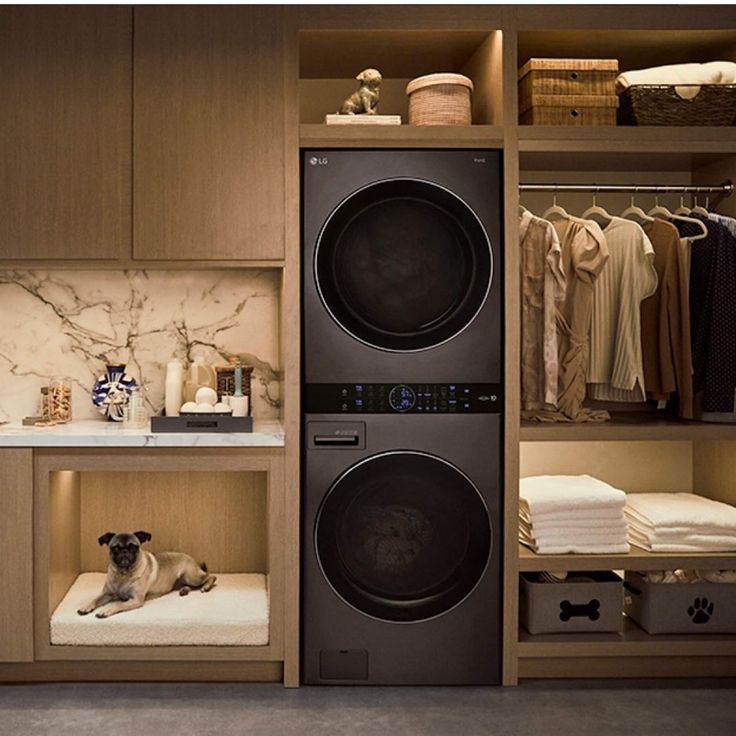 a dog laying on the floor in front of a washer and dryer