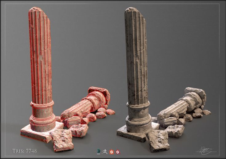 three different types of stone columns and pillars with rocks on the bottom, one in red and one in grey