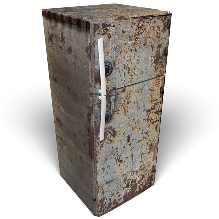 an old rusty refrigerator is shown on a white background