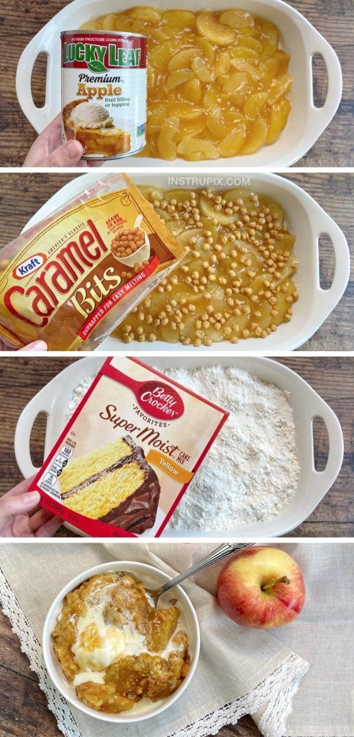 three pictures showing the steps to make baked beans and apples in baking pans with cereal