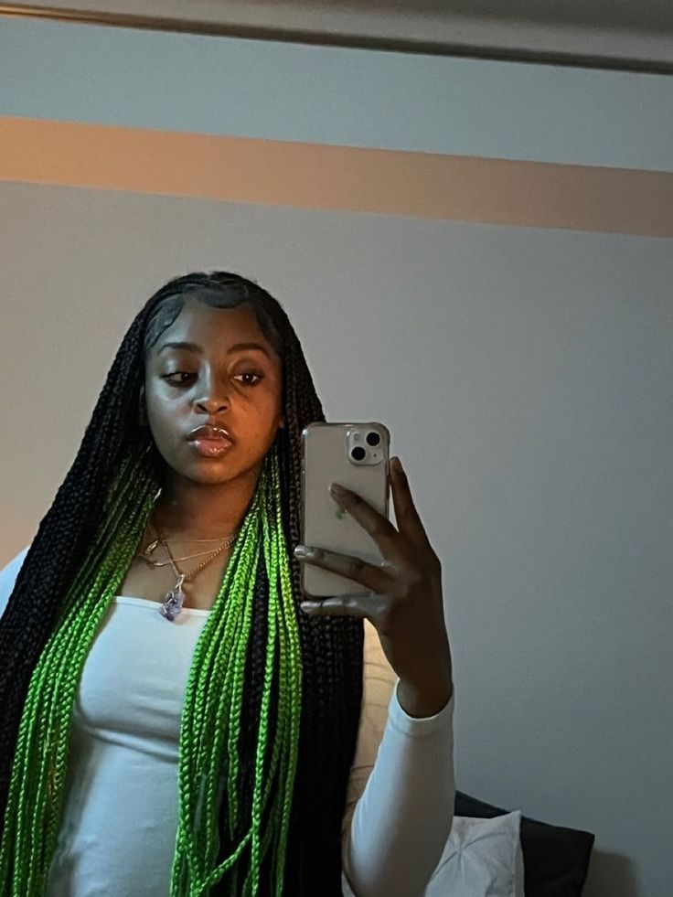 Green And Black Peekaboo Braids, Box Braids With Green In The Back, Green Pickaboo Braids, Black And Green Braids With Curls, Dark Green Peekaboo Braids, Peak A Boo Braids Green, Green Skunk Stripe Braids, Green Braids With Curls, Peekaboo Box Braids Green