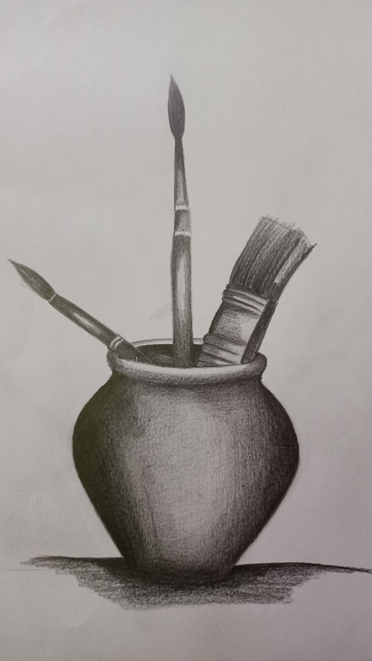 a pencil drawing of a pot with a brush in it