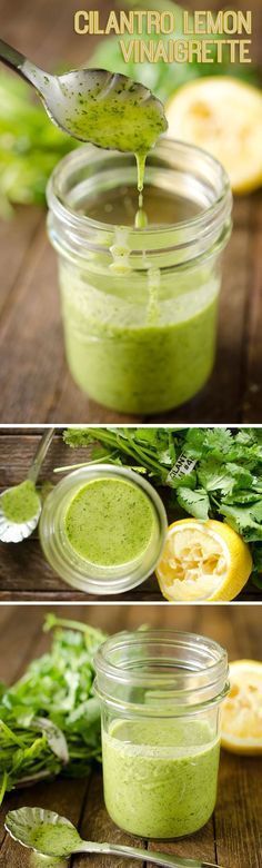 three pictures showing how to make cilantro lemon vinaighe sauce in glass jars