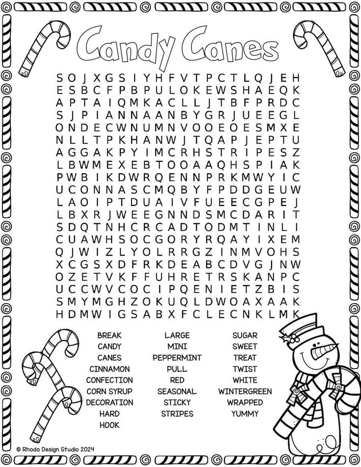 the candy canes word search is shown in black and white