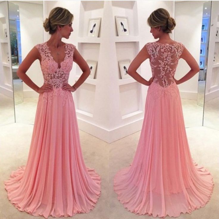 Peach Prom Dresses, Prom Dresses Long Pink, Prom Dresses 2016, V Neck Prom Dresses, Pink Prom Dress, Lace Prom Dress, Pink Prom Dresses, Applique Dress, Chiffon Prom Dress