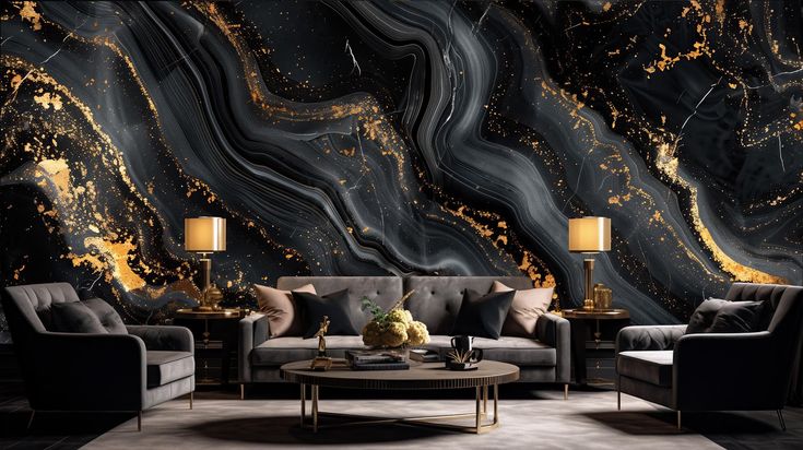 a living room with black and gold marble wallpaper, two couches and a coffee table