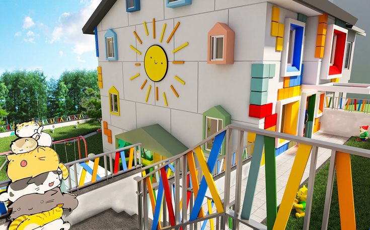 an animated image of a child's play house with toys on the porch and in the yard