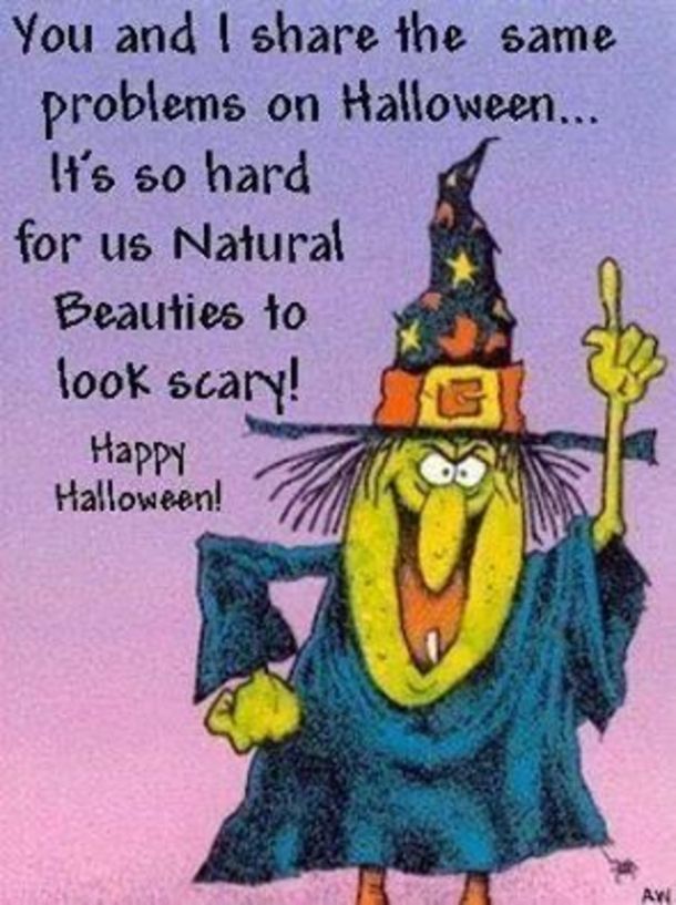 a cartoon character with a witches hat holding a broom and pointing to the side, saying you and i share the same problems on halloween it's so hard for us