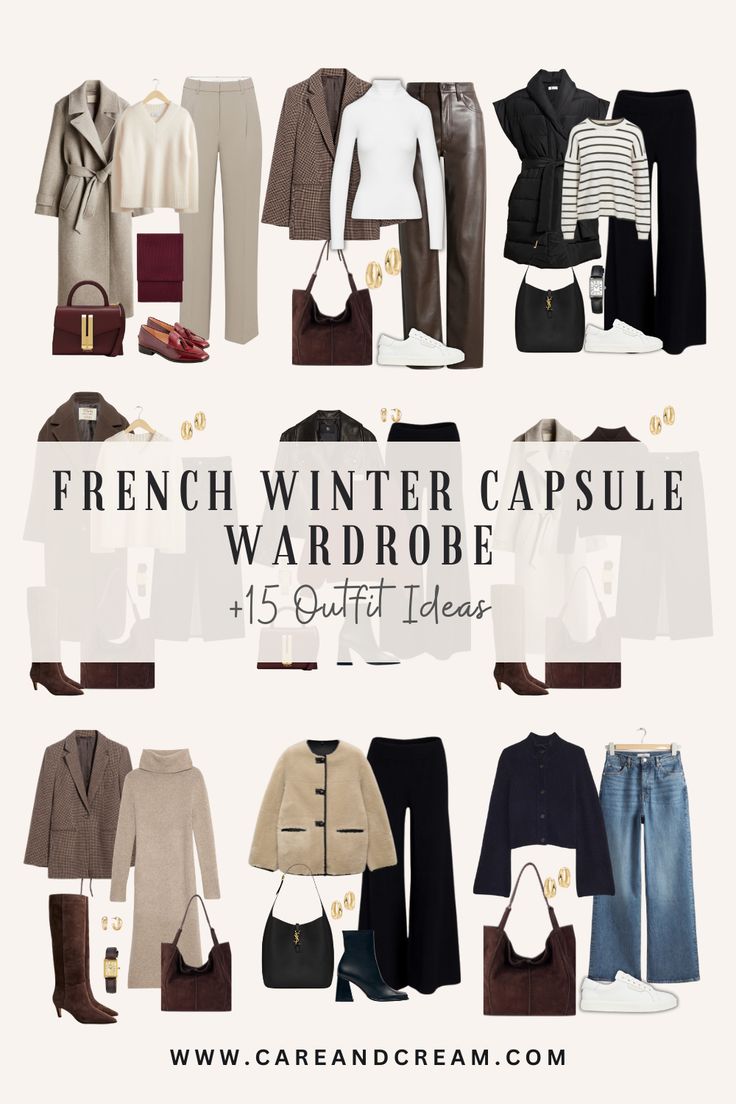 The timeless elegance of French winter wardrobe essentials is the perfect inspiration for your winter capsule wardrobe. Our blog post offers 25+ winter basics wardrobe essentials, along with 15 chic French winter outfit. Learn to curate your own French capsule wardrobe with these winter basics. Master how to dress like a French woman in winter. Cold weather outfits, capsule wardrobe outfits winter, French winter fashion women. French Inspired Winter Outfits, Classic Style Timeless Capsule Wardrobe, How To Create A Capsule Wardrobe 2024, Capsule Wardrobe Italy Winter, French Capsule Wardrobe Winter, French Chic Capsule Wardrobe, 2025 Wardrobe Capsule, Winter Capsule Wardrobe 2024 Travel, Winter Work Outfits For Women Over 40 Capsule Wardrobe