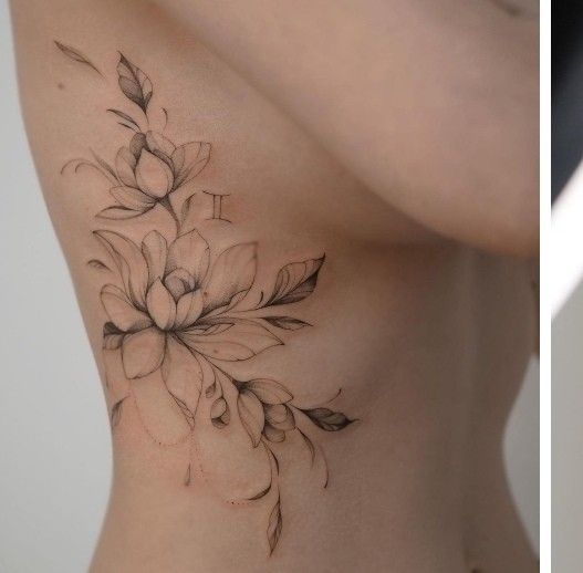 two pictures show the side and back of a woman's stomach with flowers on it