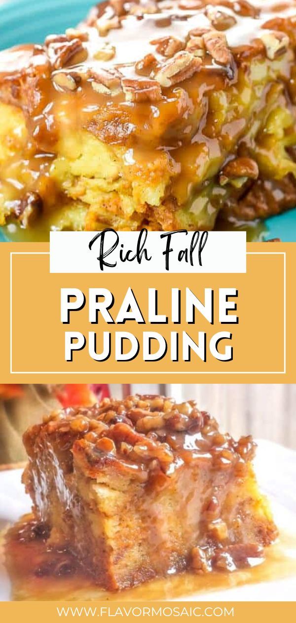 a plate with some food on it and the title reads red fall praline pudding