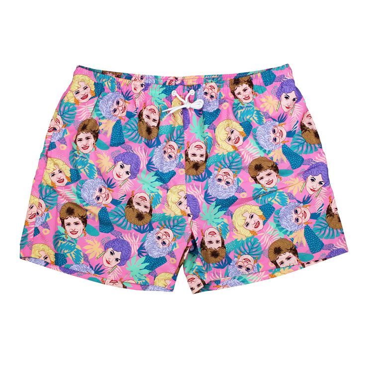 Tired of the same solid colour swim trunks and repetitive floral patterns? Our Golden Girls Swim Trunks are the perfect solution. The trunks feature an all-over print of Dorothy Zbornak, Rose Nylund, Blanche Devereaux, and Sophia Petrillo’s faces with ferns on a solid pink background. Tie up the drawstring waistband and complete the look with your (Golden Girls) tote bag, sold separately, and head to the beach in style! All-Over Print Details Inseam: 3 1/2" 100% Polyester Officially Licensed The Fitted Go-dry Swim Trunks, Playful Pink Swim Trunks For Swimming, Pink Beachwear Swim Trunks With Built-in Shorts, Pink Swim Trunks With Built-in Shorts, Blanche Devereaux, Dorothy Zbornak, Multicolor Swim Trunks With Built-in Shorts For Swimming, Girls Tote, Golden Girls