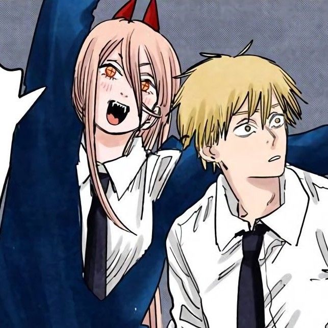 two anime characters one with blonde hair and the other wearing white shirt and black tie