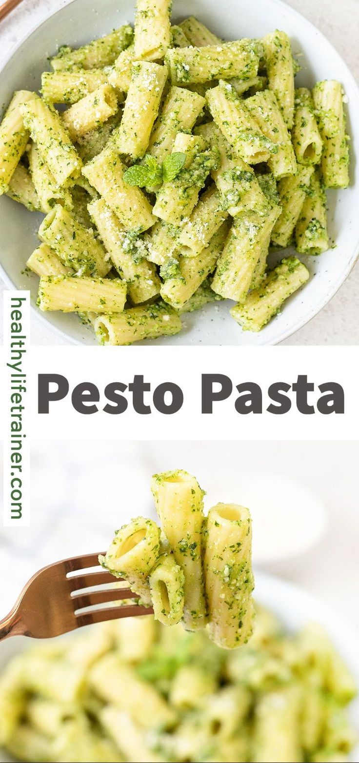 pasta with pesto sauce in a white bowl