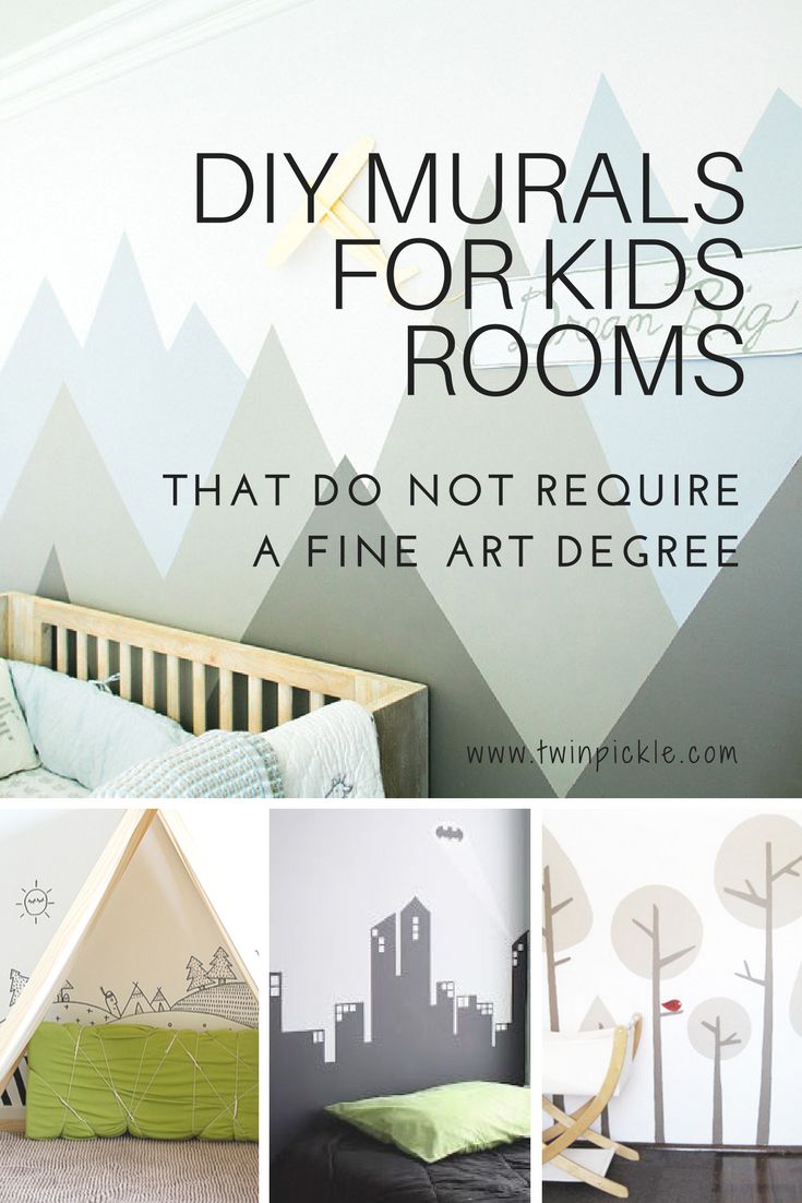 there are pictures of kids's rooms with mountains on the wall and trees painted on the walls