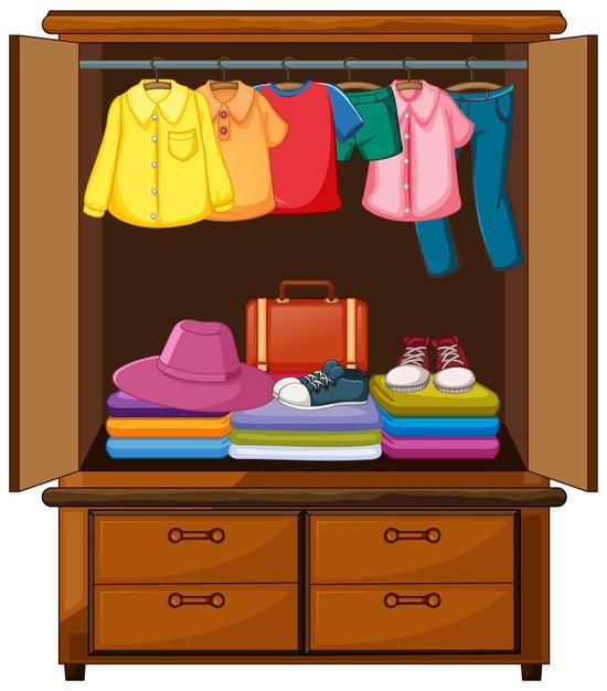 an open wardrobe with clothes and shoes on the dresser illustration in flat style stock photo