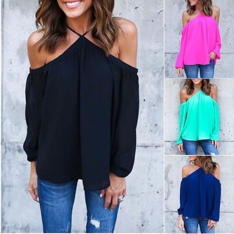 2017+Spring+Summer+Casual+Long+Sleeve+Sexy+Halter+O-Neck+Off+Shoulder+Chiffon+Women+Blouse+for+Great+for+Club+Parties+and+Gatherings. Color:++Black,+White,+Green,+Navy,+Rose Size+(cm): +++++++Sleeve+++++++Bust+++++++Length S+++++++43+++++++++++++90++++++++++++47 M+++++++44++++++++++++9... Jaripeo Off The Shoulder Shirts Women, Sheen Off Dhoulder Blouses Cowgirl, Casual Tops For Fiesta, Cheap, Outfit Elegantes, Women Chiffon Blouse, Black Plain, Casual Long Sleeve Shirts, Women Halter, Shoulder Tops