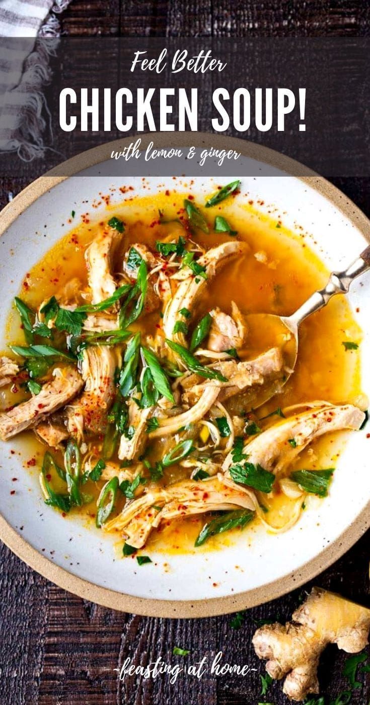 chicken soup with lemon and ginger in a white bowl