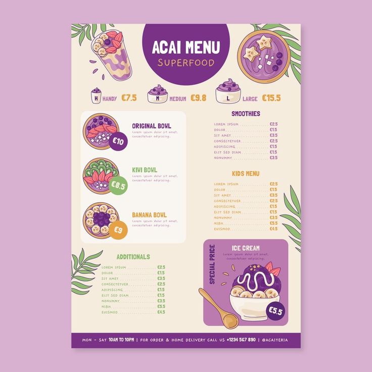 a menu with an image of desserts on the front and side, in purple tones