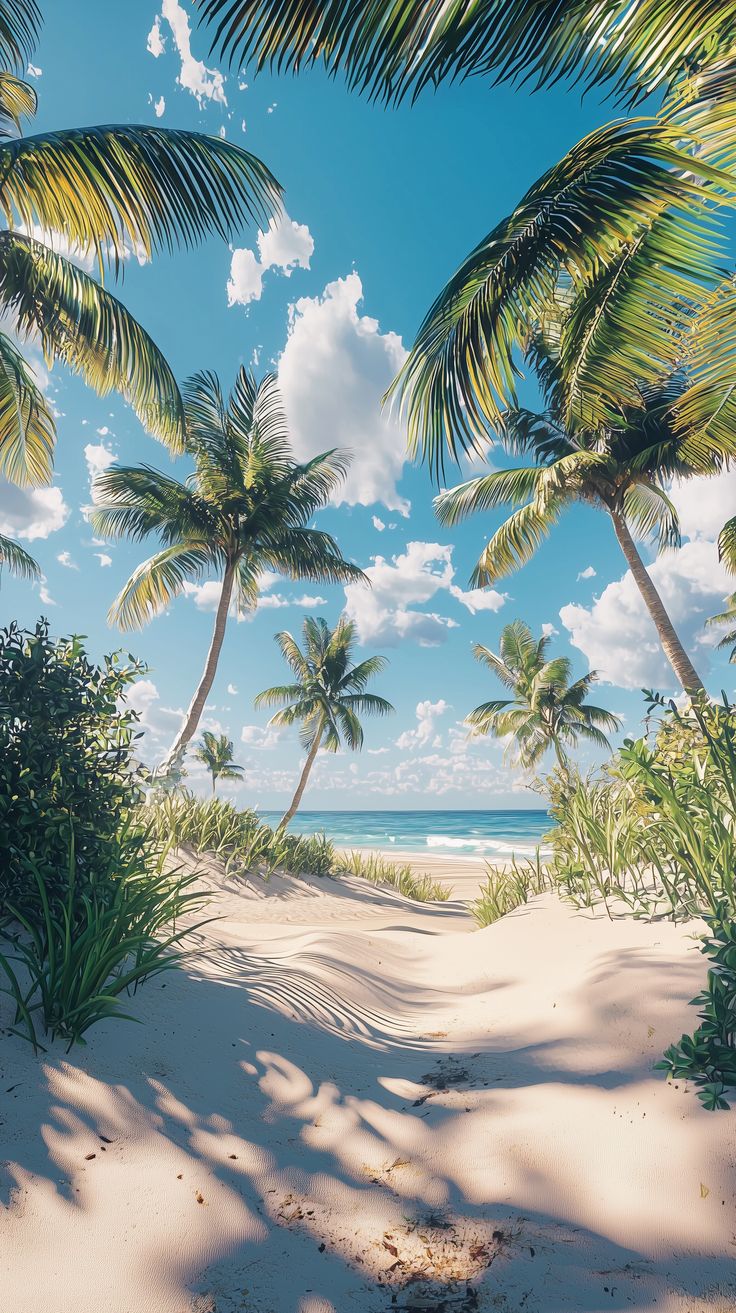 palm trees on the beach under a blue sky