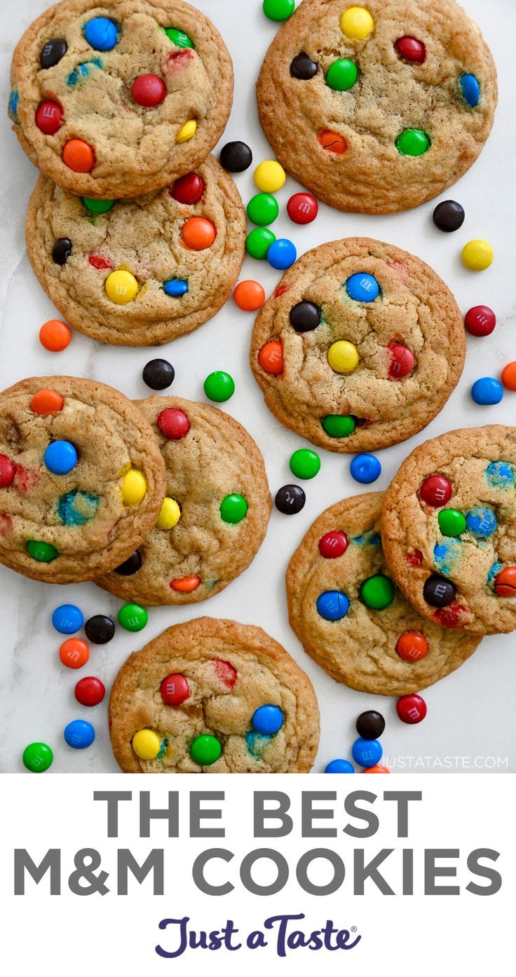 A top-down view of M&M cookies studded with a rainbow of M&M's. M M Mini Cookies Recipe, M&m Cookies Soft, How To Make M&m Cookies, Mrs Fields M&m Cookies, Peanut M And M Recipes, M And M Sugar Cookies, Homemade M&m Cookies, Homemade M&m Cookie Recipe, Soft Batch M&m Cookies