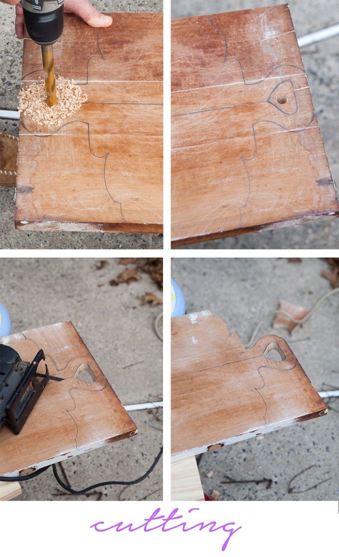 the process of cutting wood with an electric drill