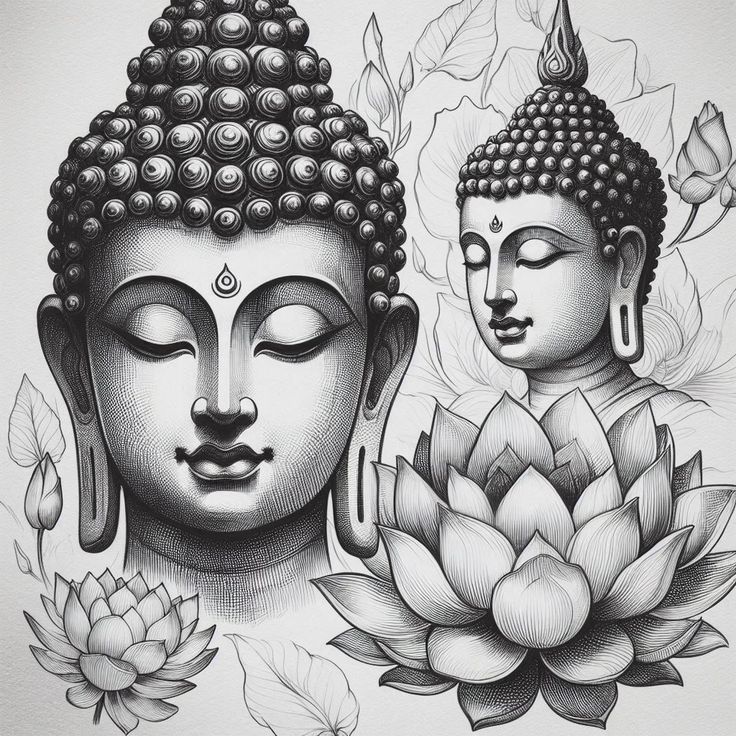 a drawing of two buddhas sitting next to each other on top of a flower