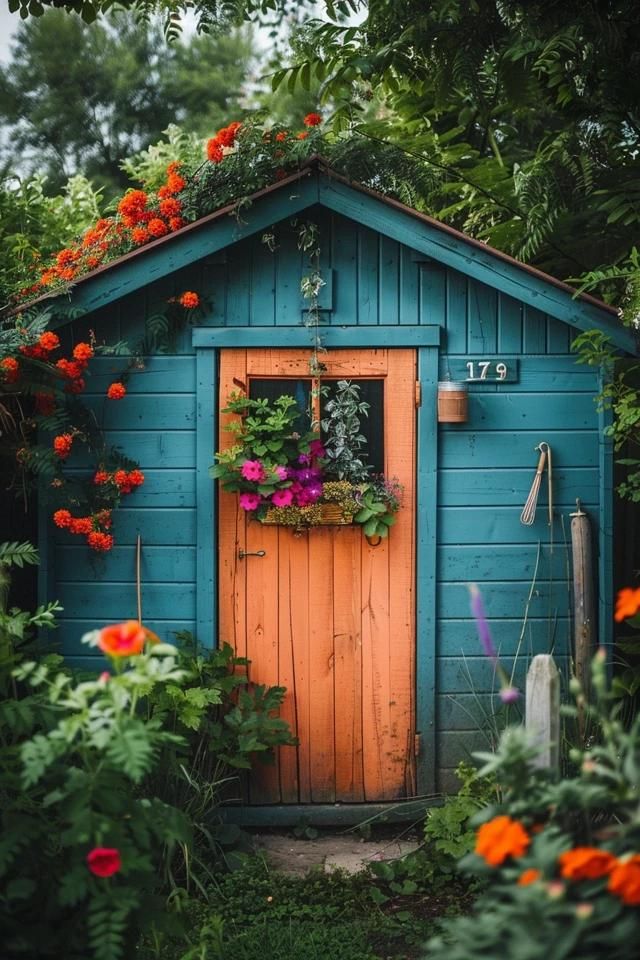 Bright Shed Colors Ideas to Enhance Your Backyard Pretty Sheds Backyards, Garden Shed Ideas Painted, Garden Shed Paint Colors, Outdoor Shed Color Ideas, Shed Paint Colors Exterior, Pretty Garden Shed, Allotment Shed Ideas, Painted Shed Ideas, Shed Mural Ideas