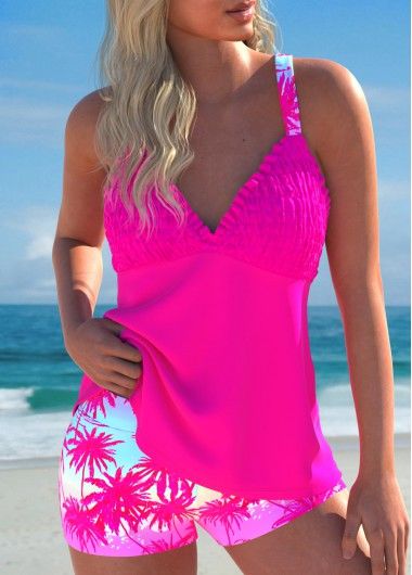 ROTITA Smocked Hot Pink Tropical Plants Print Tankini Set | Rotita.com - USD $36.98 Hot Pink Bathing Suit, Womens Tankini Swimwear, Pink Tankini, Pretty Swimsuits, Vacation Swimwear, Tankini With Shorts, Plants Print, Summer Items, Swimwear Suits