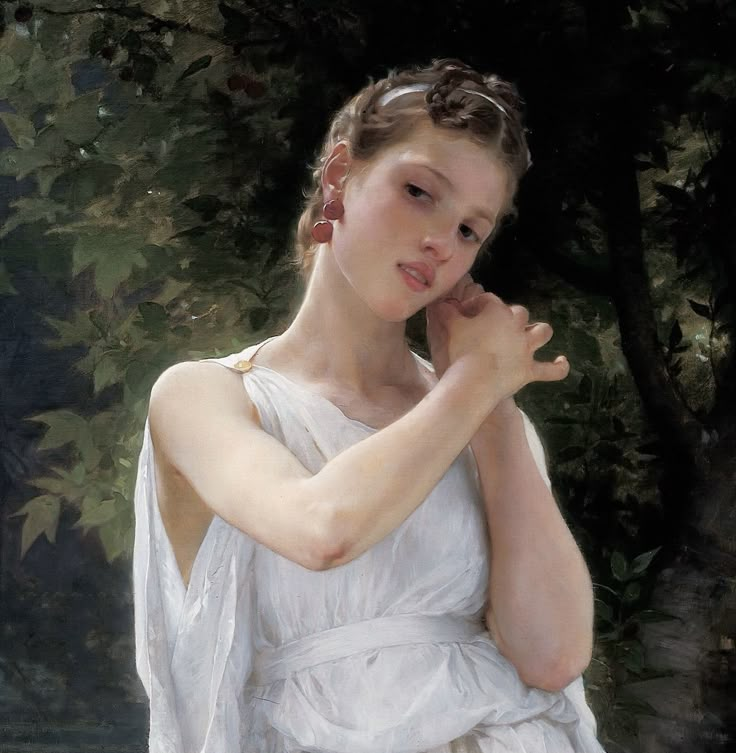 a painting of a woman in white dress with her hands folded over her chest and looking at the camera