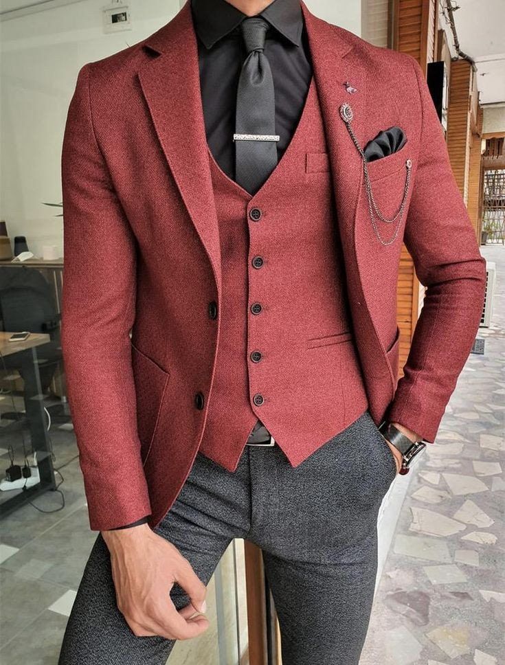 This unique suit is designed with high quality wool material that guarantees durability and comfort. It is suitable for all kinds of occasion and it can be worn all year round. It comes in 3 pieces (Jacket + Vest + pant), the jacket can also be worn with any pant/jeans. For custom orders, Please feel free to start a  conversation for further enquires. Your satisfaction is our priority  I hope you have a pleasurable shopping experience Winter Business Sets With Pockets, Business Sets With Pockets For Winter, Fall Single-breasted Suits For Business Meetings, Winter Double Breasted Suit With Notch Lapel, Winter Business Suits With Long Sleeves, Fall Suits With Lapel Collar For Business Meetings, Winter Outerwear With Suit Collar For Business Meetings, Business Sets With Long Sleeves For Winter, Business Casual Three-piece Suit With Long Sleeves