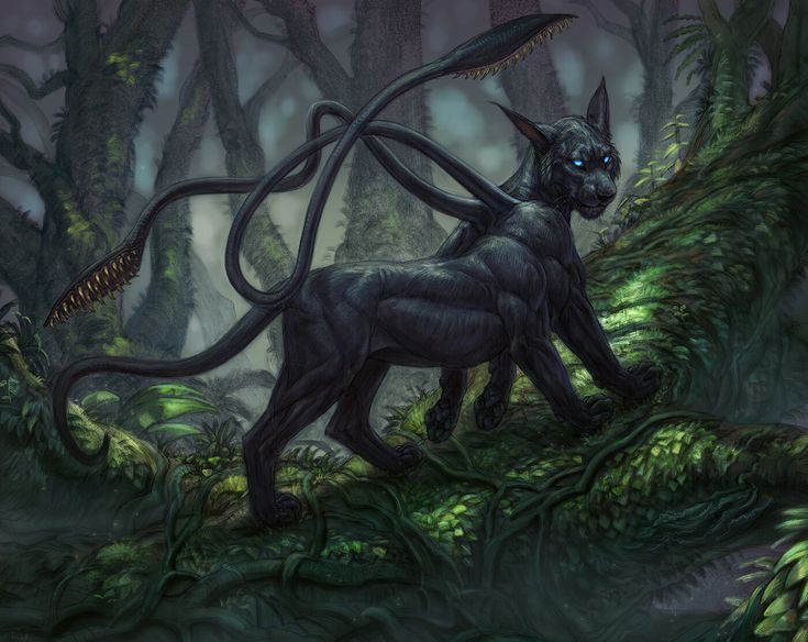 a black cat in the middle of a forest with an enormous snake like tail on it's back