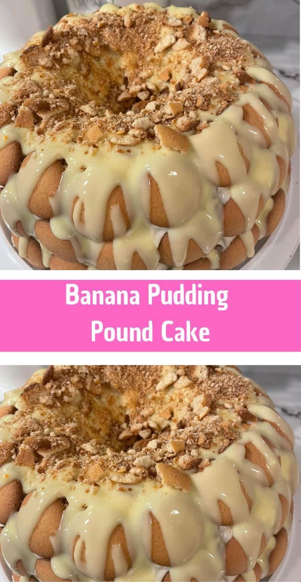 two pictures of a bundt cake with white icing and toppings on top