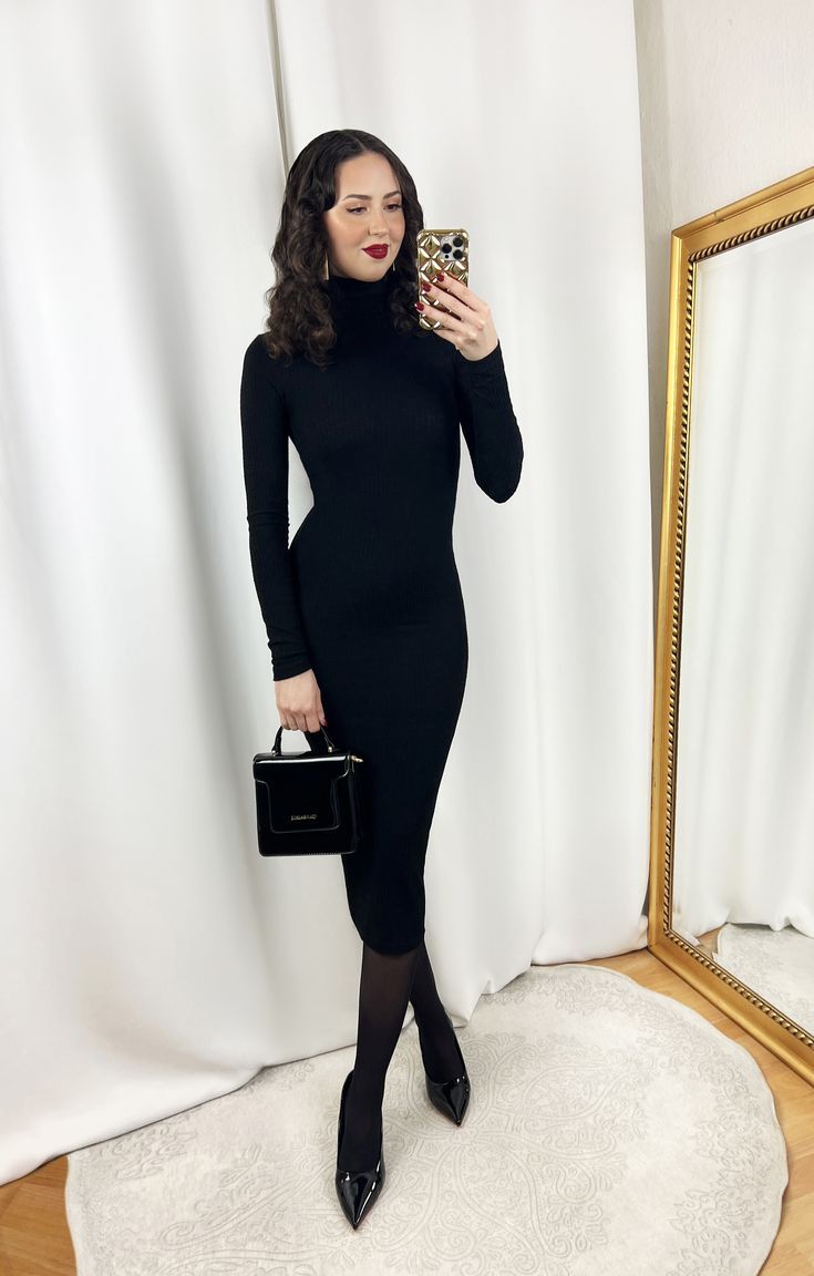 Black Midi Dress Outfit (Longsleeve and Turtleneck) Black Turtleneck Dress Outfit, Black Turtle Neck Dress, Turtle Neck Dress Outfit, Black Midi Dress Outfit, Internship Outfit, Black Turtleneck Dress, Midi Dress Outfit, Turtleneck Midi Dress, Classy Outfits For Women