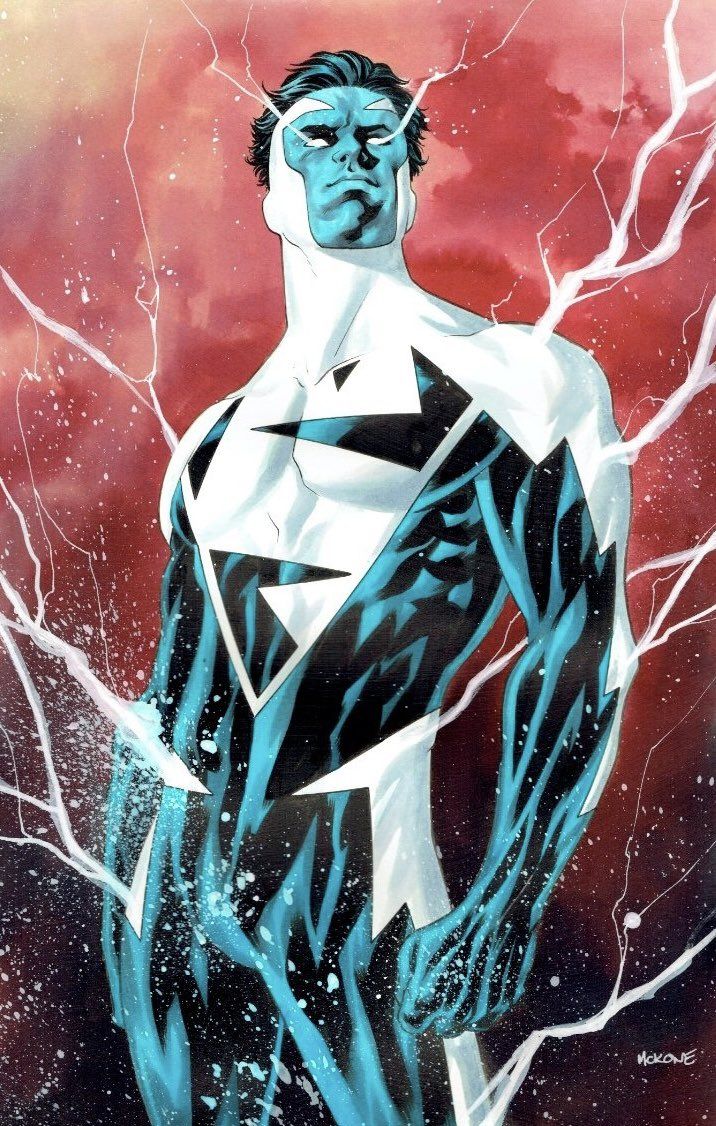 a comic character standing in front of a red and blue sky with lightning coming out of his chest