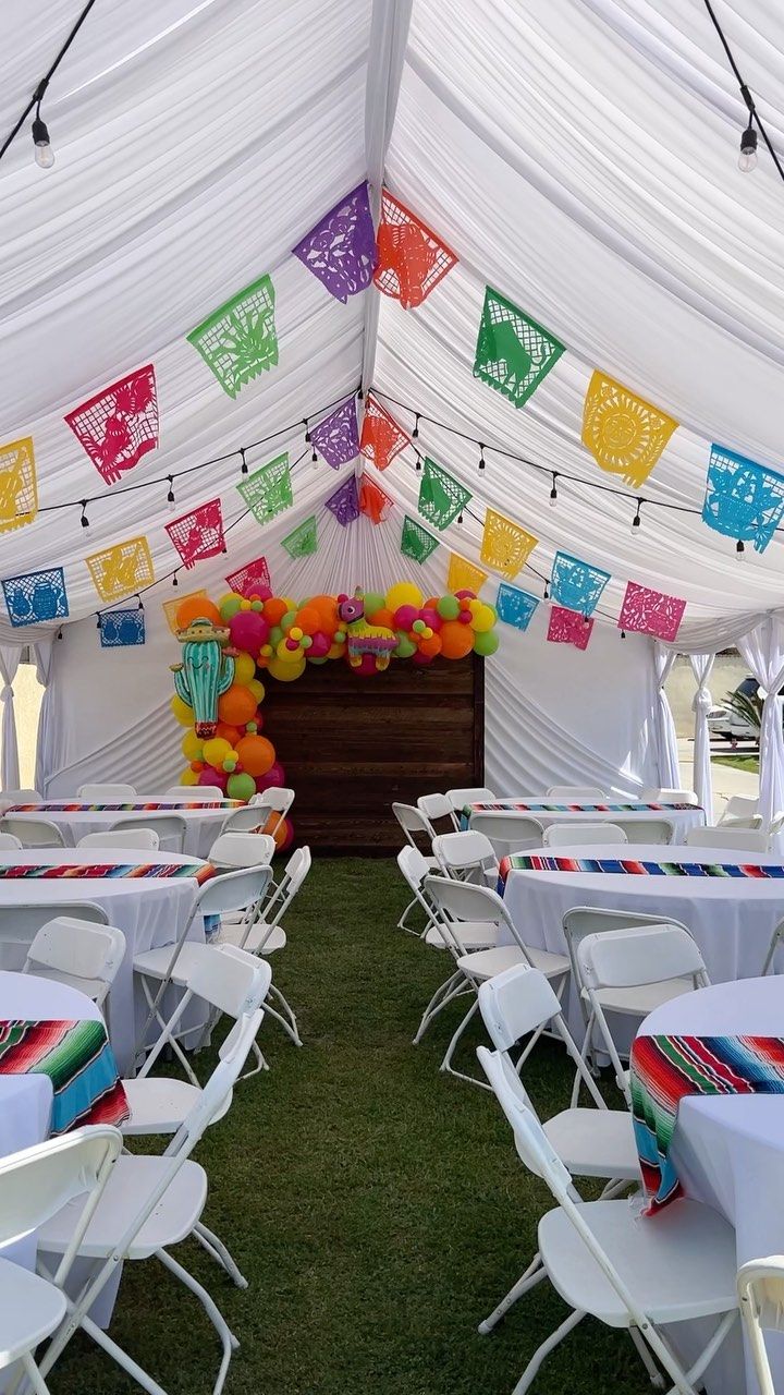 tables and chairs are set up under a white tent with colorful decorations on the ceiling