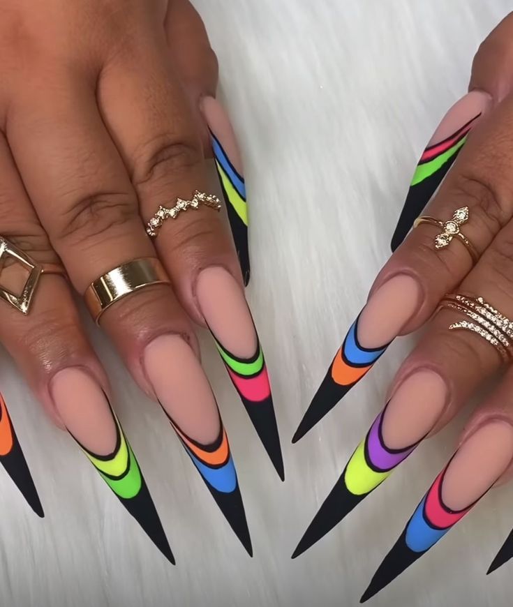 16 Stylish Pointy Nail Designs for Your Next DIY Manicure 2024 | Spring Nail Inspo Nail Ideas With Orange, 80s Nails Acrylic, Stellitoes Nails Designs, Dope Nail Designs Coffin, Theme Nails, Stilleto Nails Designs, Sassy Nails, Stylish Nails Designs, Colorful Nails