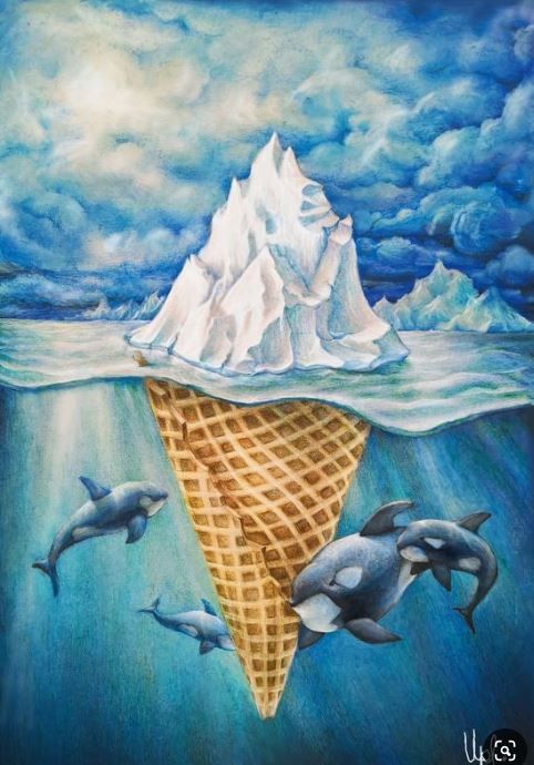 an ice cream cone floating in the ocean with dolphins swimming around it and two mountain peaks