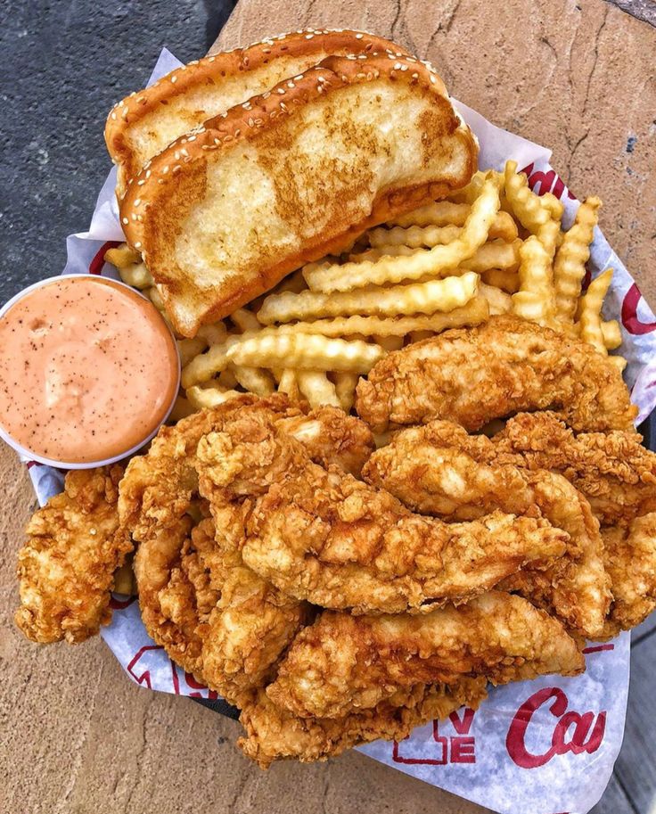 fried chicken and french fries with dipping sauce