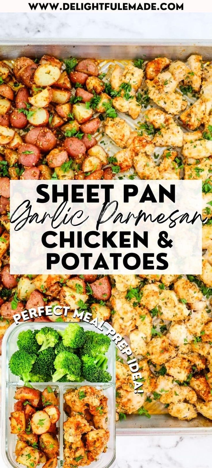 sheet pan chicken and potatoes with broccoli in the middle, next to it